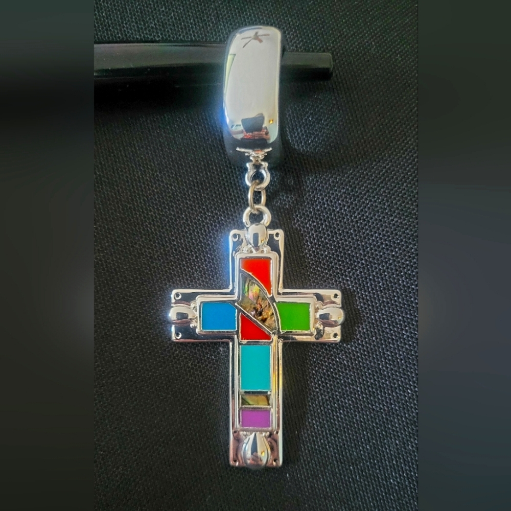 Beautiful Silver Tone Multicolor Enamel Mother of Pearl Cross Pendant
